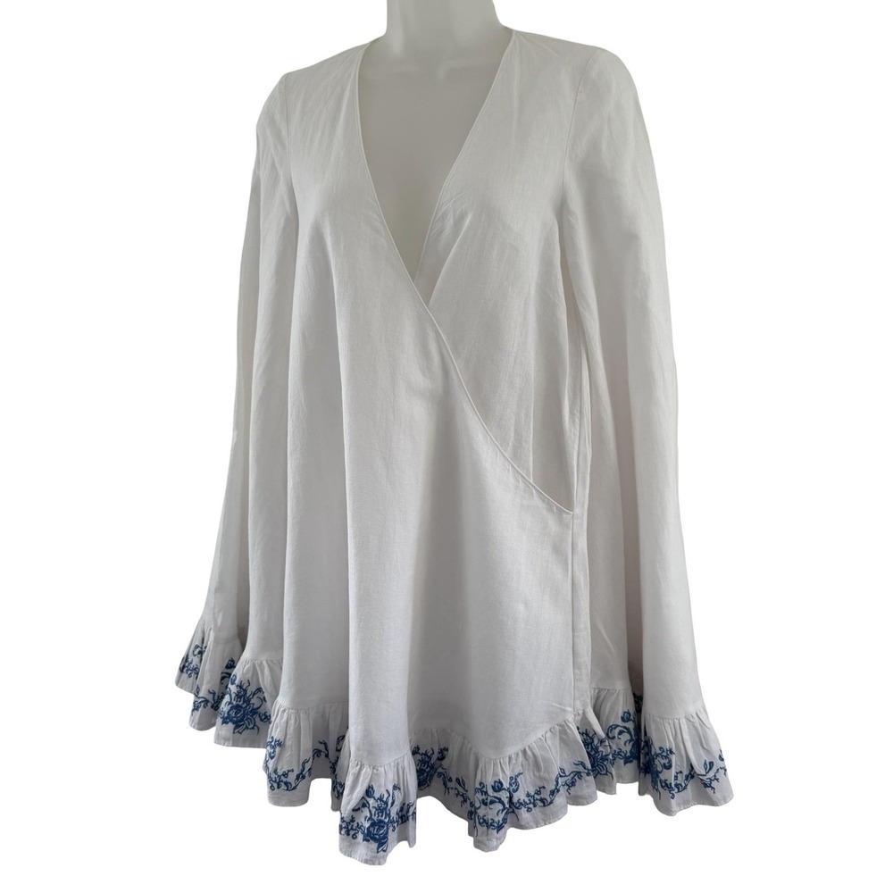 Caroline Constas Brynn Cover Up Womens XS White Blue Embroidered Ruffle Hem - Picture 12 of 16